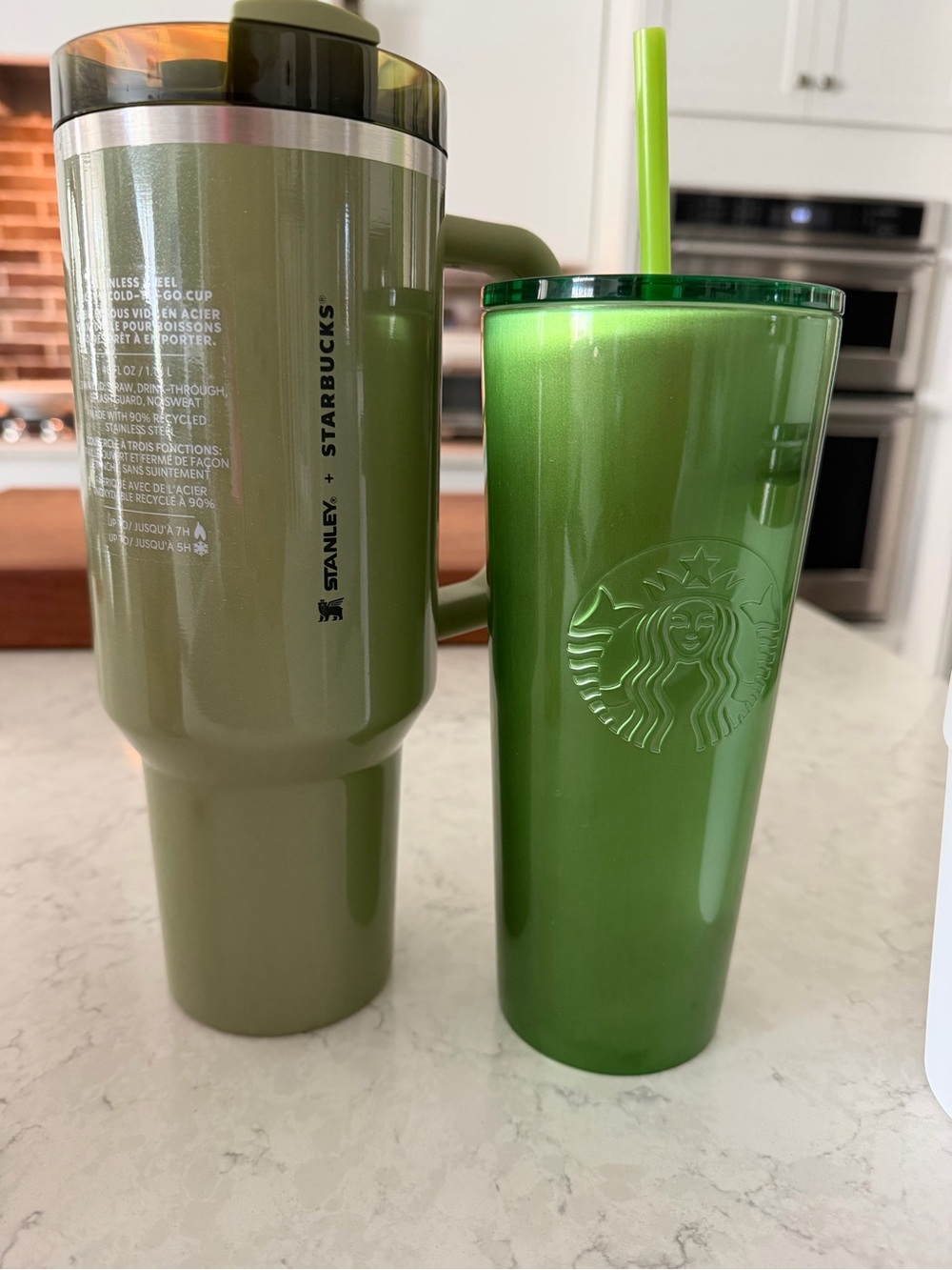 Stanley Olive Green Travel Tumbler + Bright Green Starbucks Cold Cup